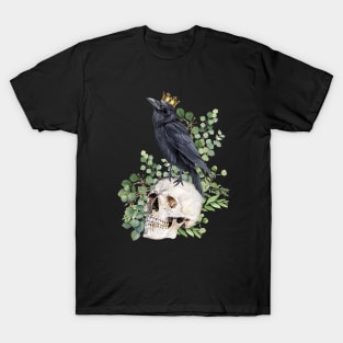 Black raven with skull and crow, skeleton eucaliptus leaves T-Shirt